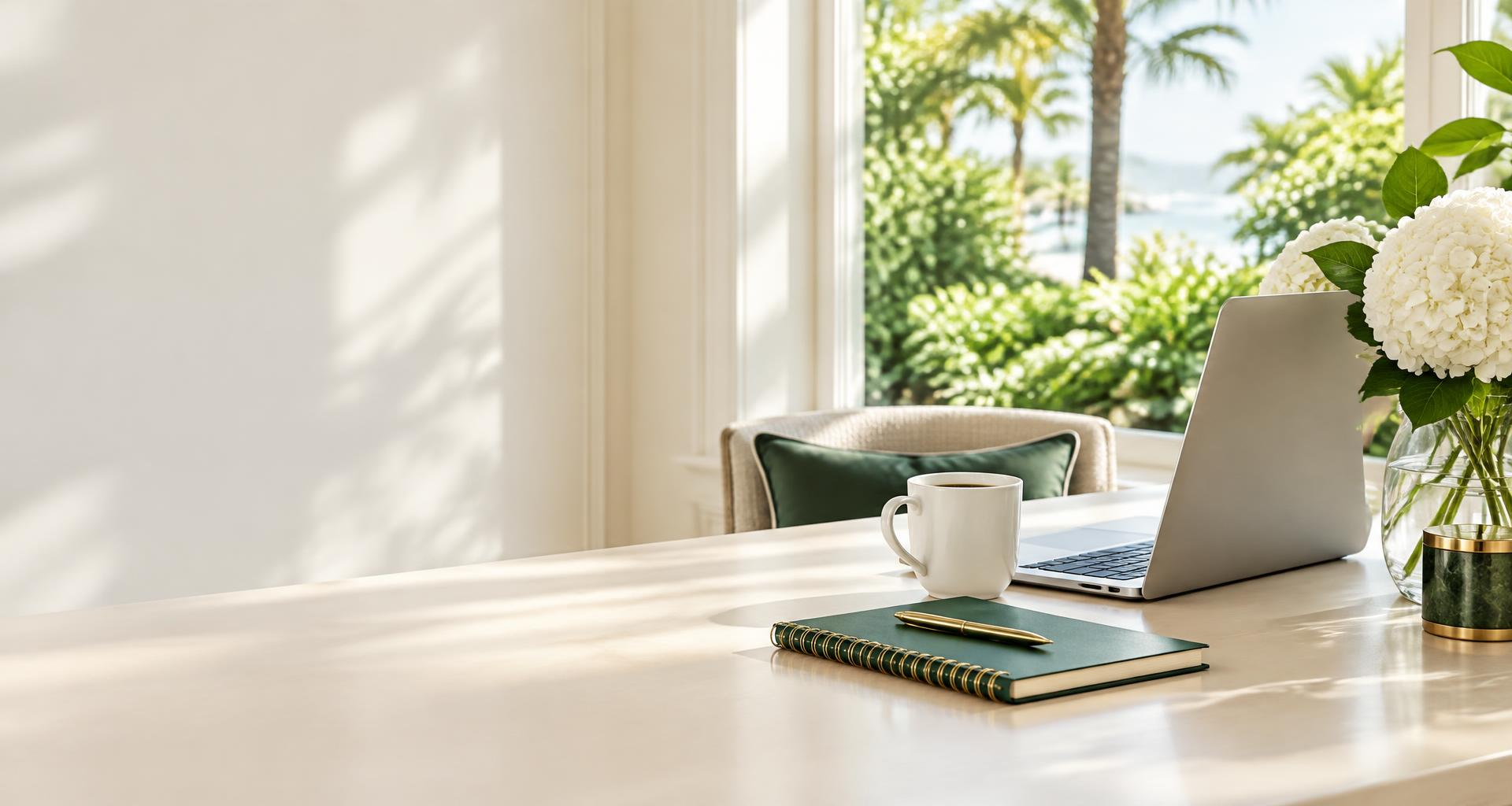 A peaceful Florida workspace with fresh hydrangeas, coffee, and an open laptop